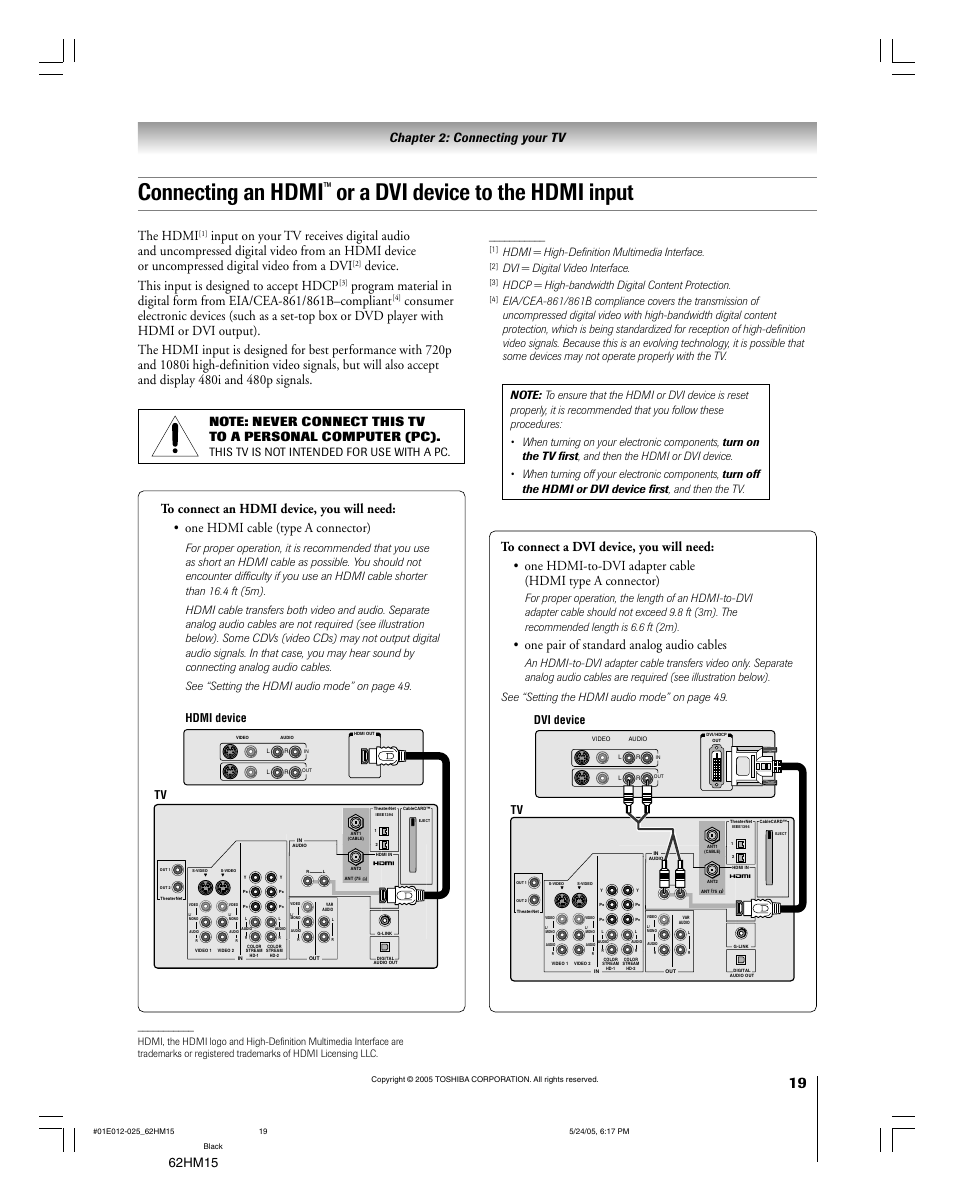 Connecting an hdmi, Or a dvi device to the hdmi input, The hdmi | Device. this input is designed to accept hdcp, One pair of standard analog audio cables, Tv hdmi device, Hdmi = high-definition multimedia interface, Dvi = digital video interface, Hdcp = high-bandwidth digital content protection | Toshiba Integrated High Definition DLP 62HM15 User Manual | Page 19 / 108