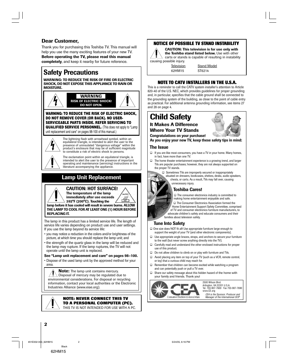 Child safety, Safety precautions, Lamp unit replacement | Dear customer, It makes a difference where your tv stands, The issue, Toshiba cares, Tune into safety, Notice of possible tv stand instability, Caution: hot surface | Toshiba Integrated High Definition DLP 62HM15 User Manual | Page 2 / 108