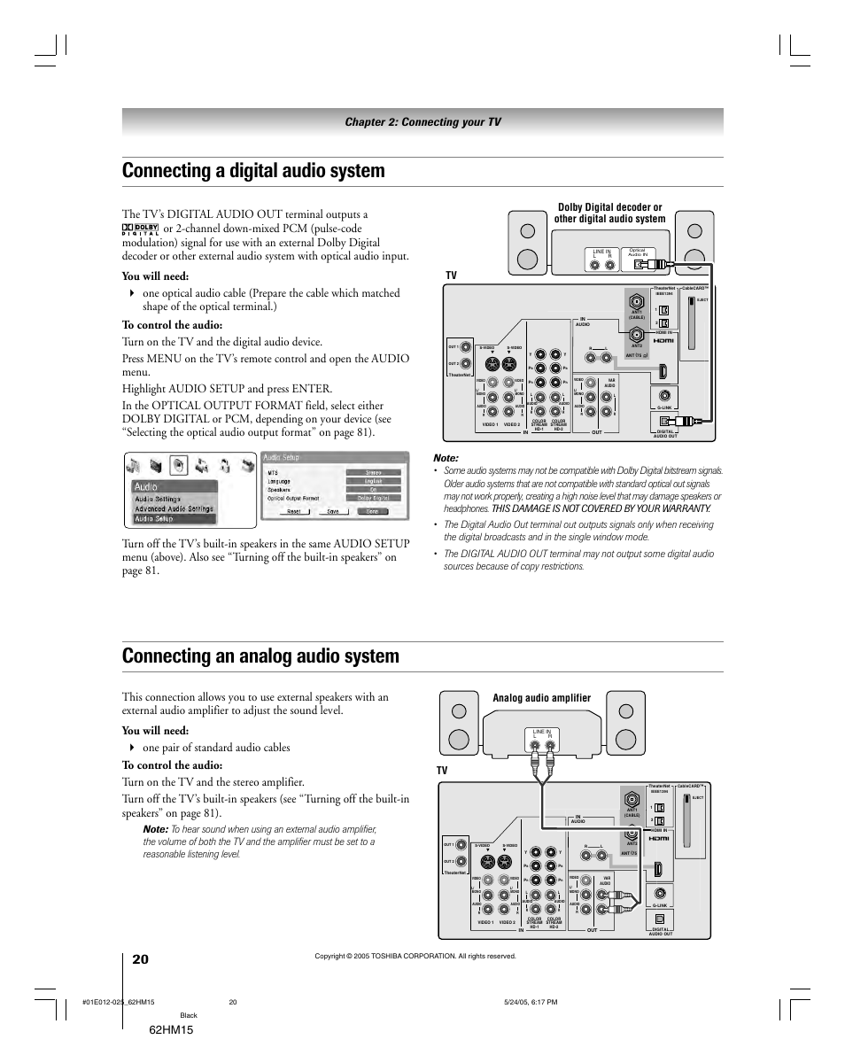 Connecting a digital audio system, Connecting an analog audio system, Tv analog audio amplifier | Toshiba Integrated High Definition DLP 62HM15 User Manual | Page 20 / 108