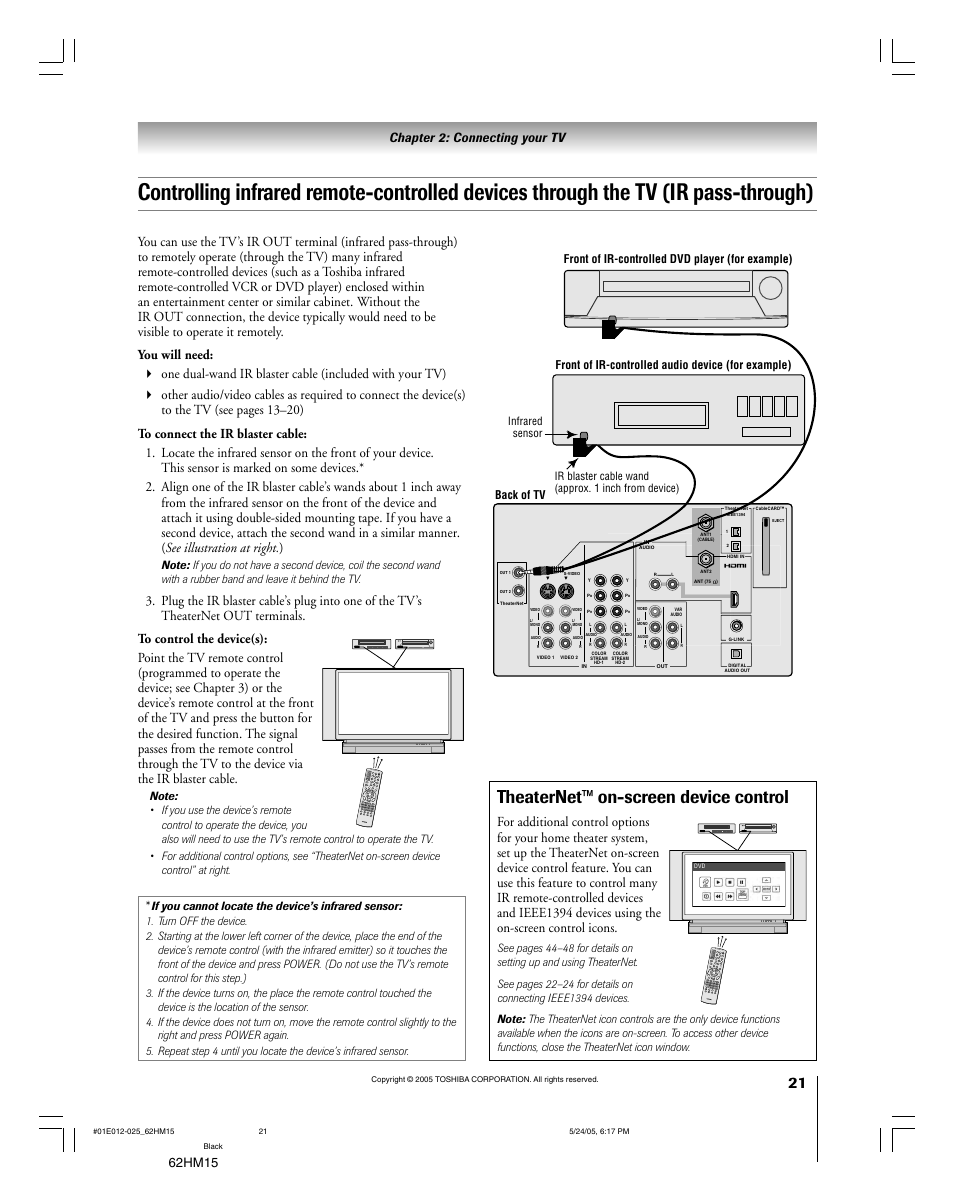 Theaternet™ on-screen device control | Toshiba Integrated High Definition DLP 62HM15 User Manual | Page 21 / 108