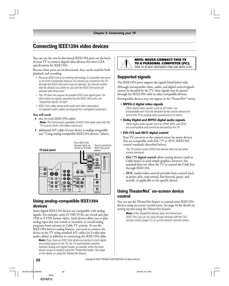 Connecting ieee1394 video devices, Using analog-compatible ieee1394 devices, Supported signals | Using theaternet, On-screen device control, You will need: one (or two) ieee1394 cables, Menu. • mpeg-2 digital video signals, Dolby digital and mpeg digital audio signals | Toshiba Integrated High Definition DLP 62HM15 User Manual | Page 22 / 108