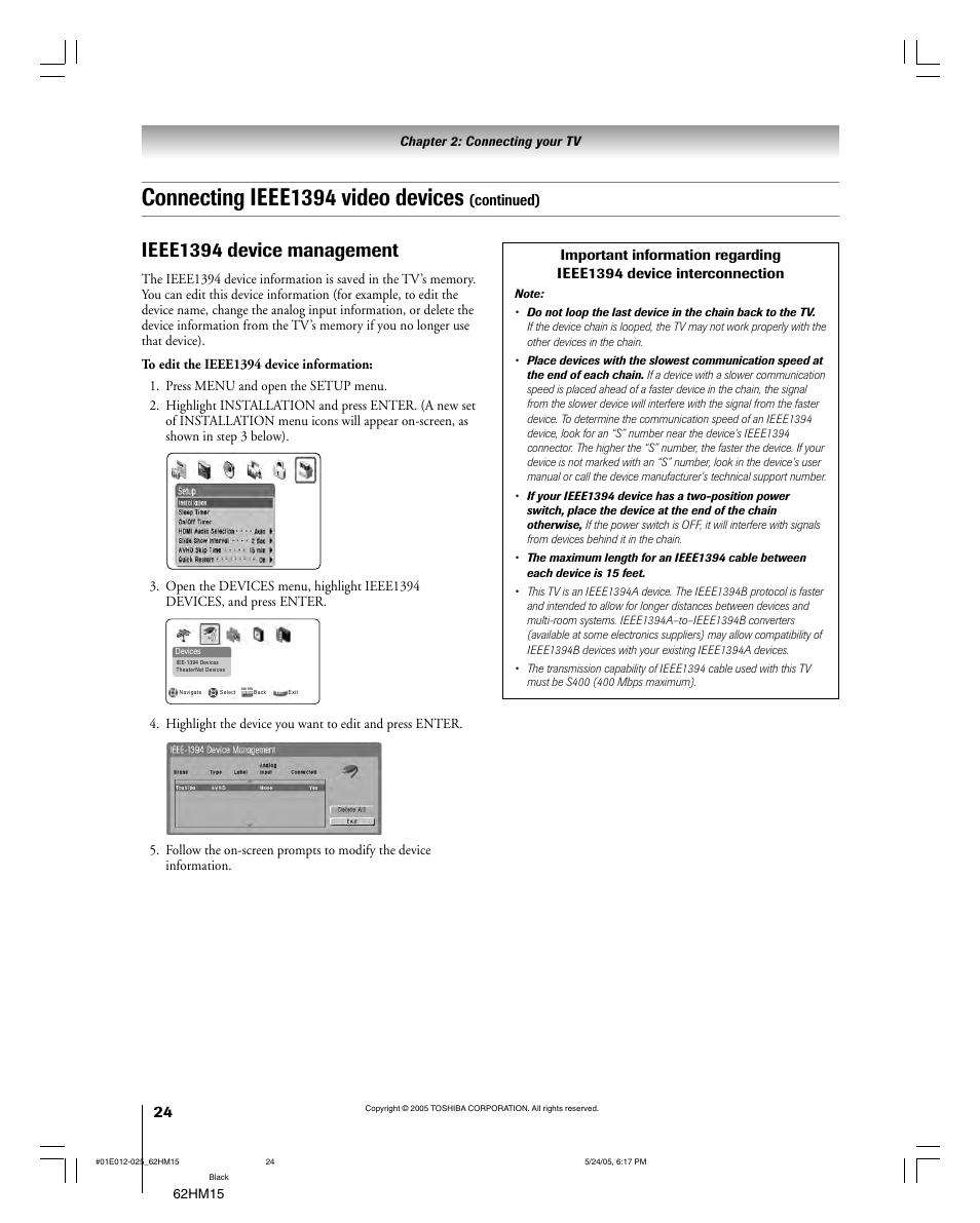 Connecting ieee1394 video devices, Ieee1394 device management, Continued) | Toshiba Integrated High Definition DLP 62HM15 User Manual | Page 24 / 108