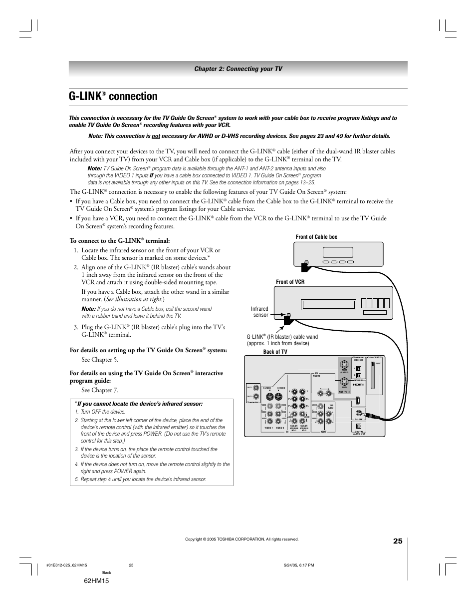 G-link, Connection, Terminal on the tv | The g-link, Cable from the cable box to the g-link, Terminal to receive the tv guide on screen, Cable from the vcr to the g-link, Terminal to use the tv guide on screen, System’s recording features, Plug the g-link | Toshiba Integrated High Definition DLP 62HM15 User Manual | Page 25 / 108