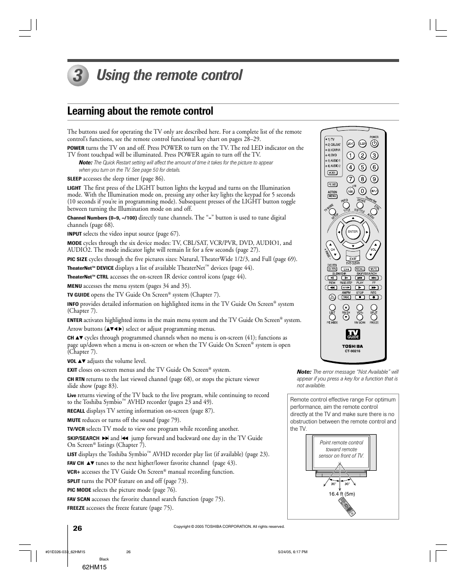 Using the remote control, Learning about the remote control | Toshiba Integrated High Definition DLP 62HM15 User Manual | Page 26 / 108