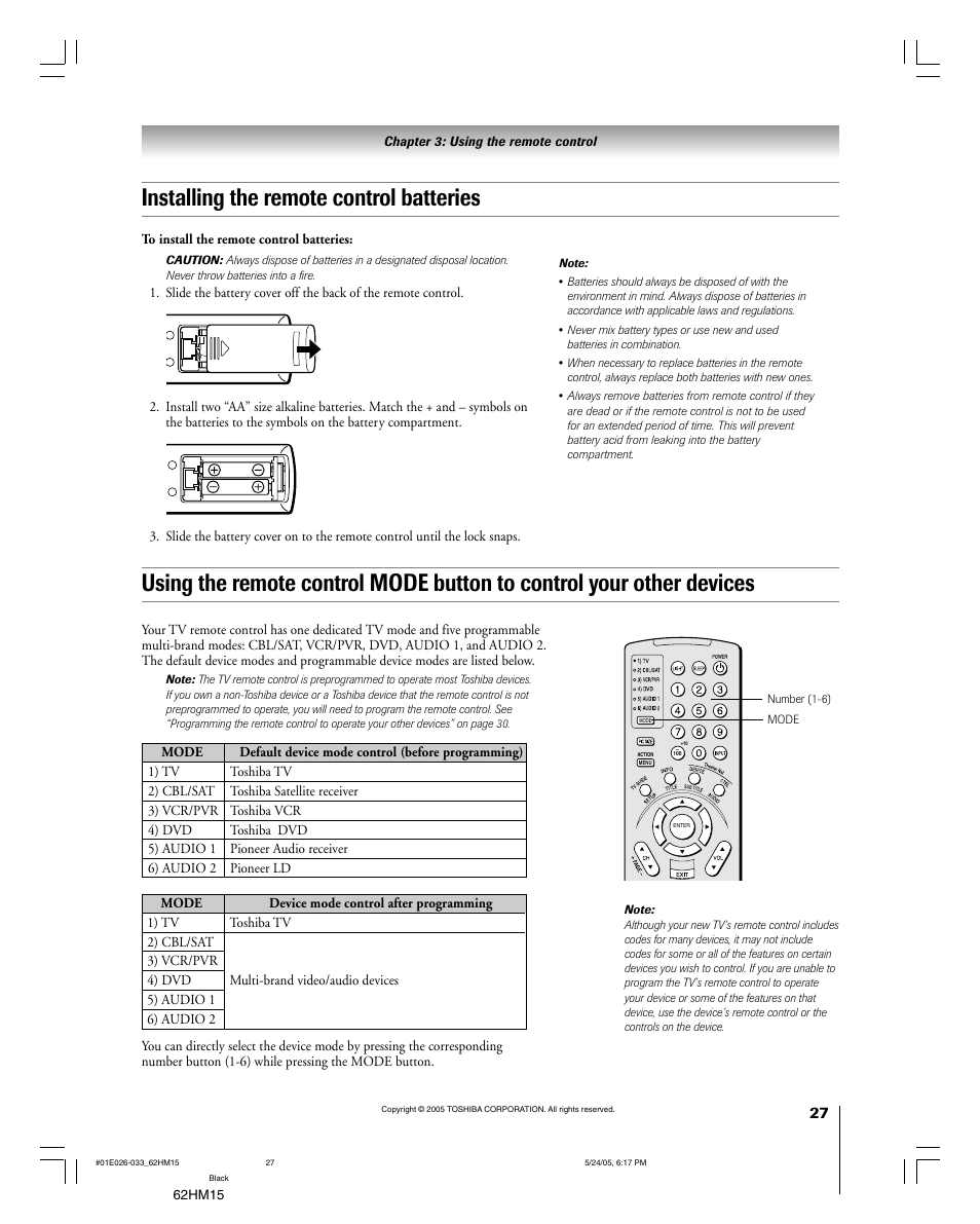 Installing the remote control batteries | Toshiba Integrated High Definition DLP 62HM15 User Manual | Page 27 / 108