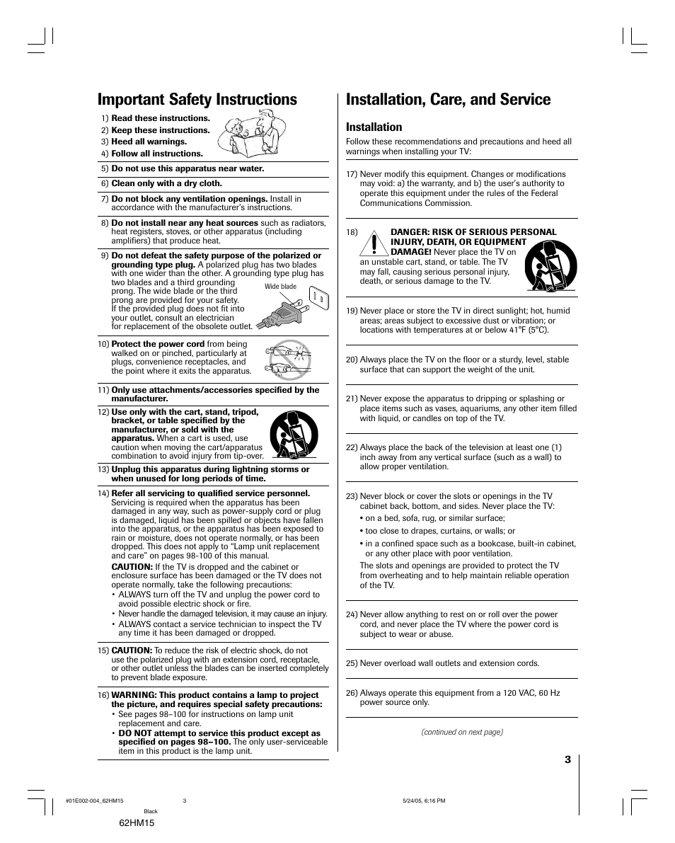 Installation, care, and service, Important safety instructions, Installation | Toshiba Integrated High Definition DLP 62HM15 User Manual | Page 3 / 108