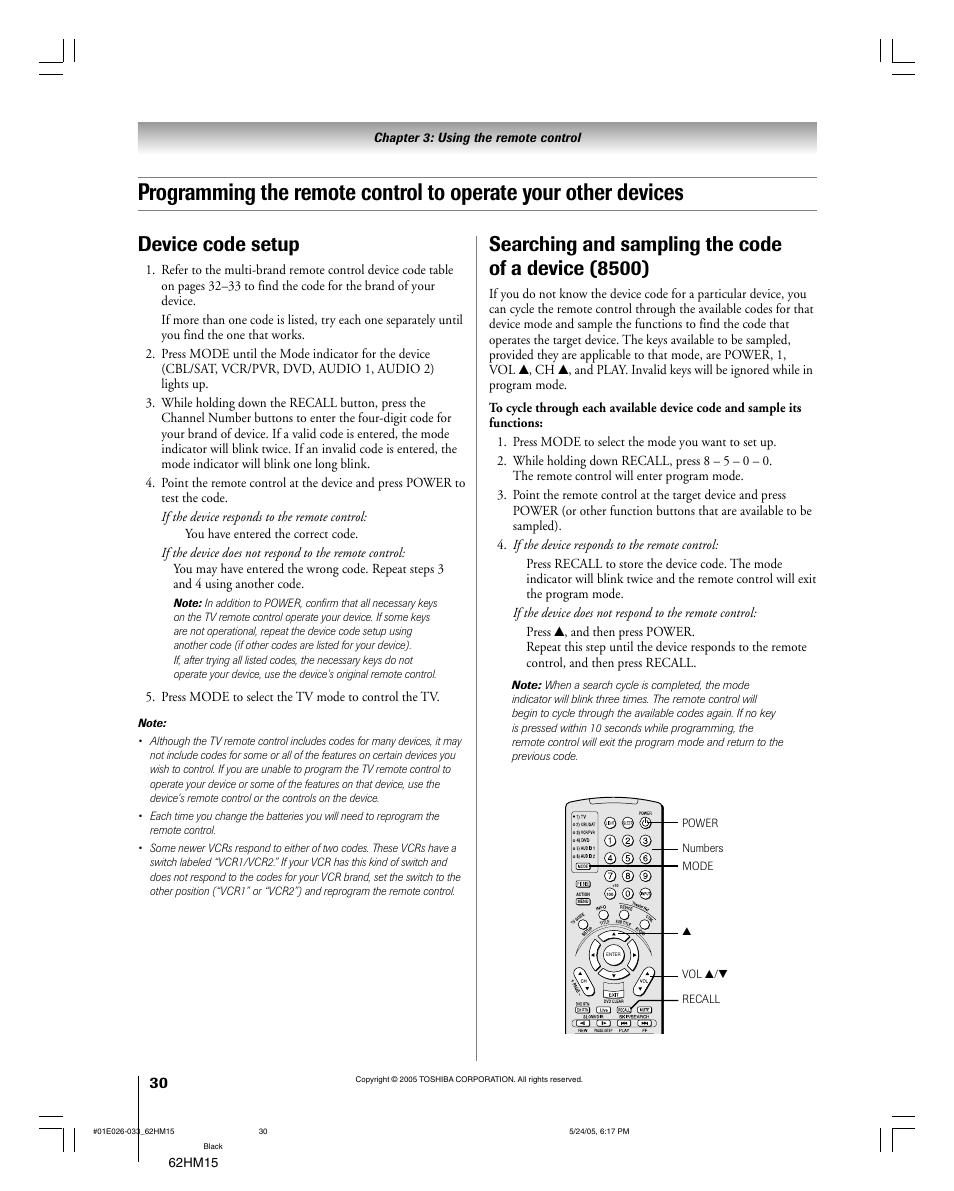 Searching and sampling the code of a device (8500), Device code setup | Toshiba Integrated High Definition DLP 62HM15 User Manual | Page 30 / 108