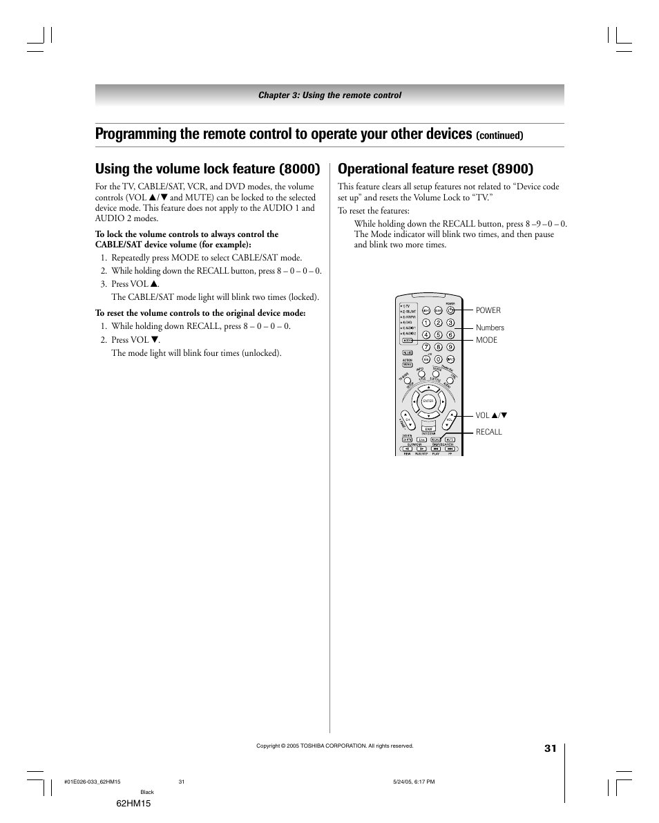 Operational feature reset (8900), Using the volume lock feature (8000), Continued) | Toshiba Integrated High Definition DLP 62HM15 User Manual | Page 31 / 108