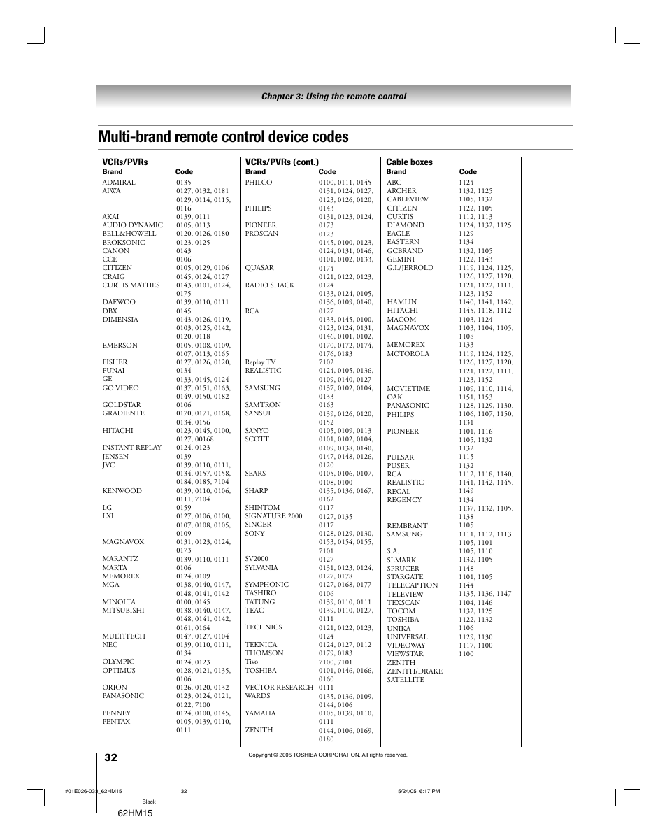 Multi-brand remote control device codes | Toshiba Integrated High Definition DLP 62HM15 User Manual | Page 32 / 108