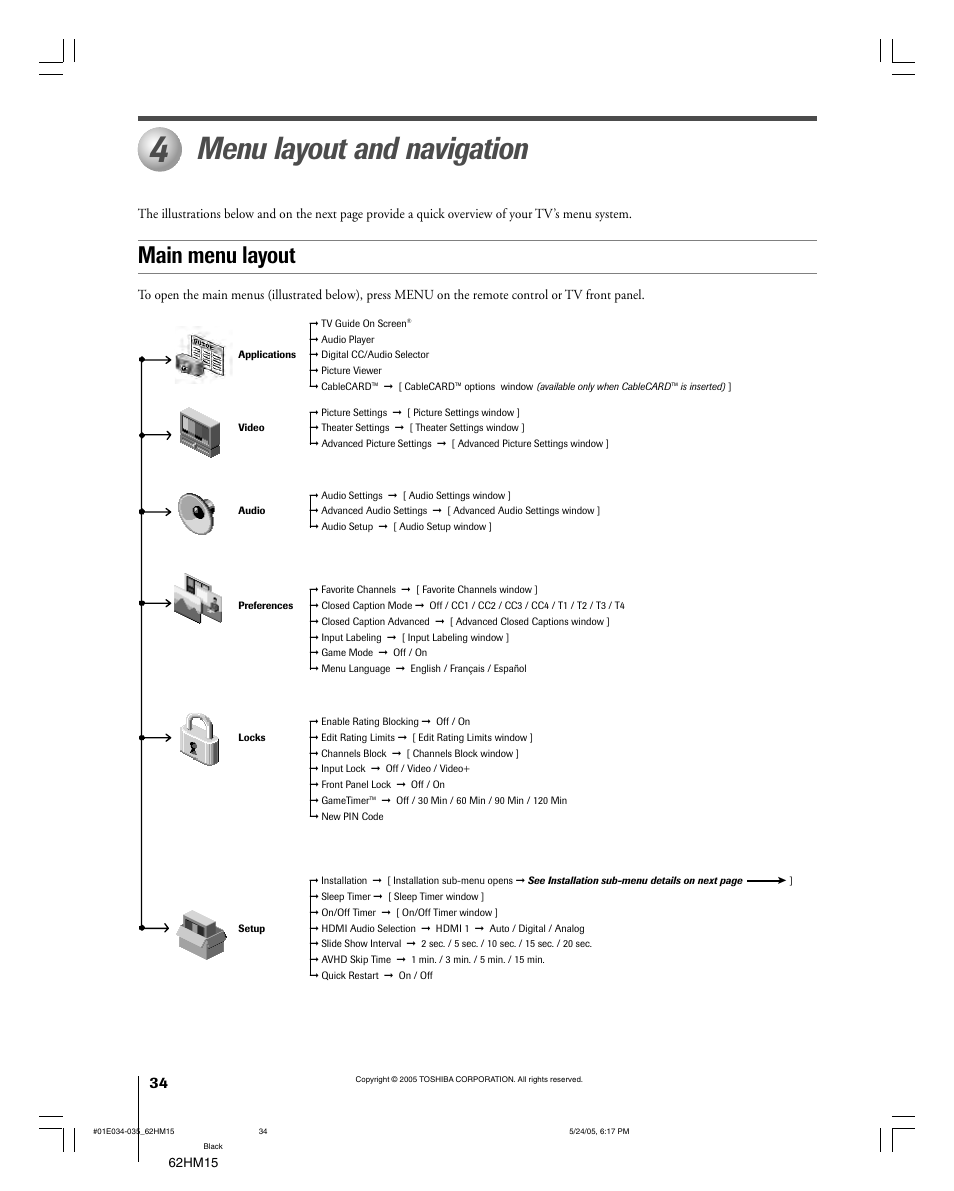 Menu layout and navigation, Main menu layout | Toshiba Integrated High Definition DLP 62HM15 User Manual | Page 34 / 108