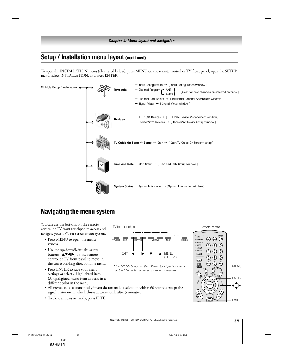 Navigating the menu system, Setup / installation menu layout, Continued) | Toshiba Integrated High Definition DLP 62HM15 User Manual | Page 35 / 108