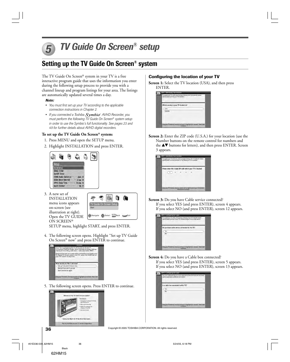 Tv guide on screen, Setup, Setting up the tv guide on screen | System | Toshiba Integrated High Definition DLP 62HM15 User Manual | Page 36 / 108