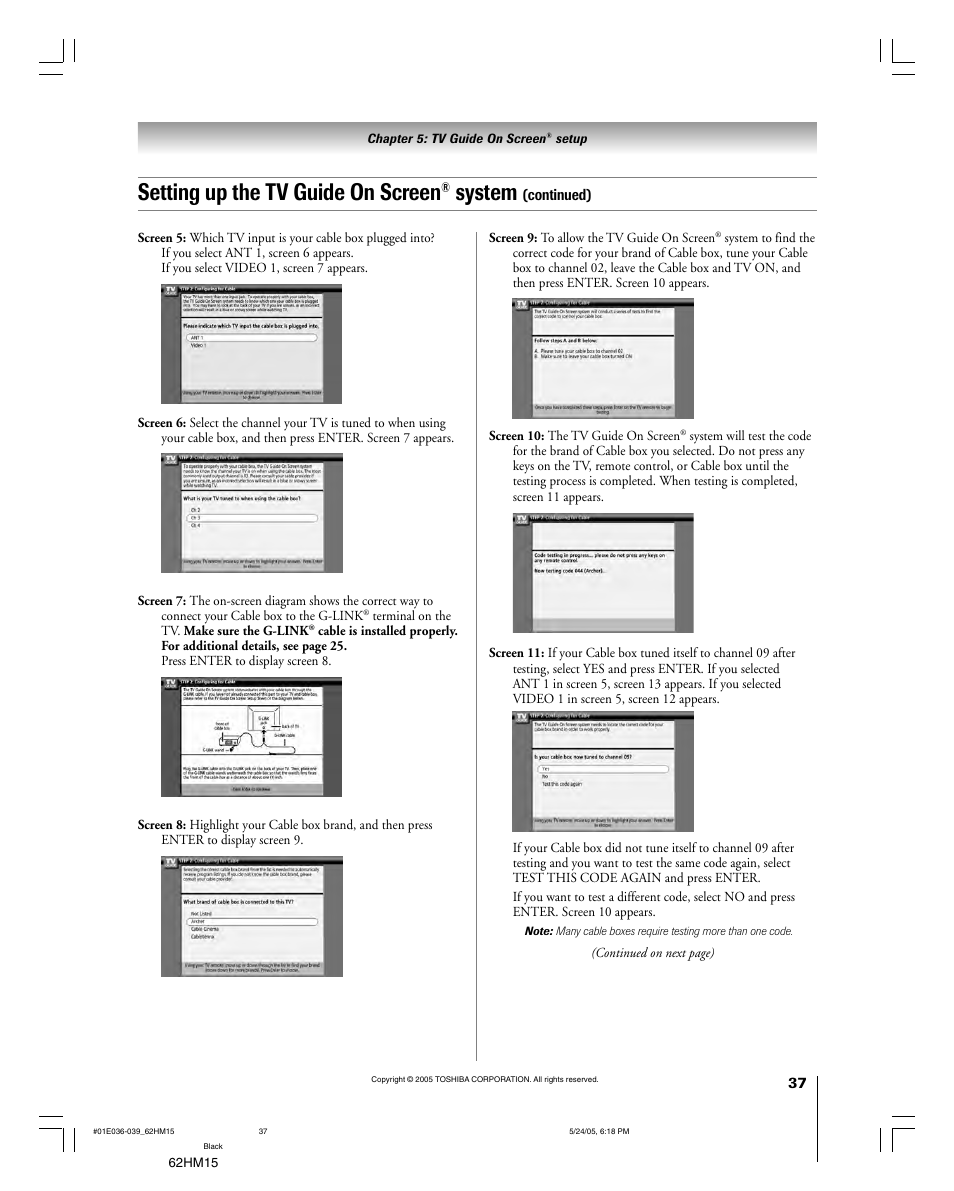 Setting up the tv guide on screen, System | Toshiba Integrated High Definition DLP 62HM15 User Manual | Page 37 / 108