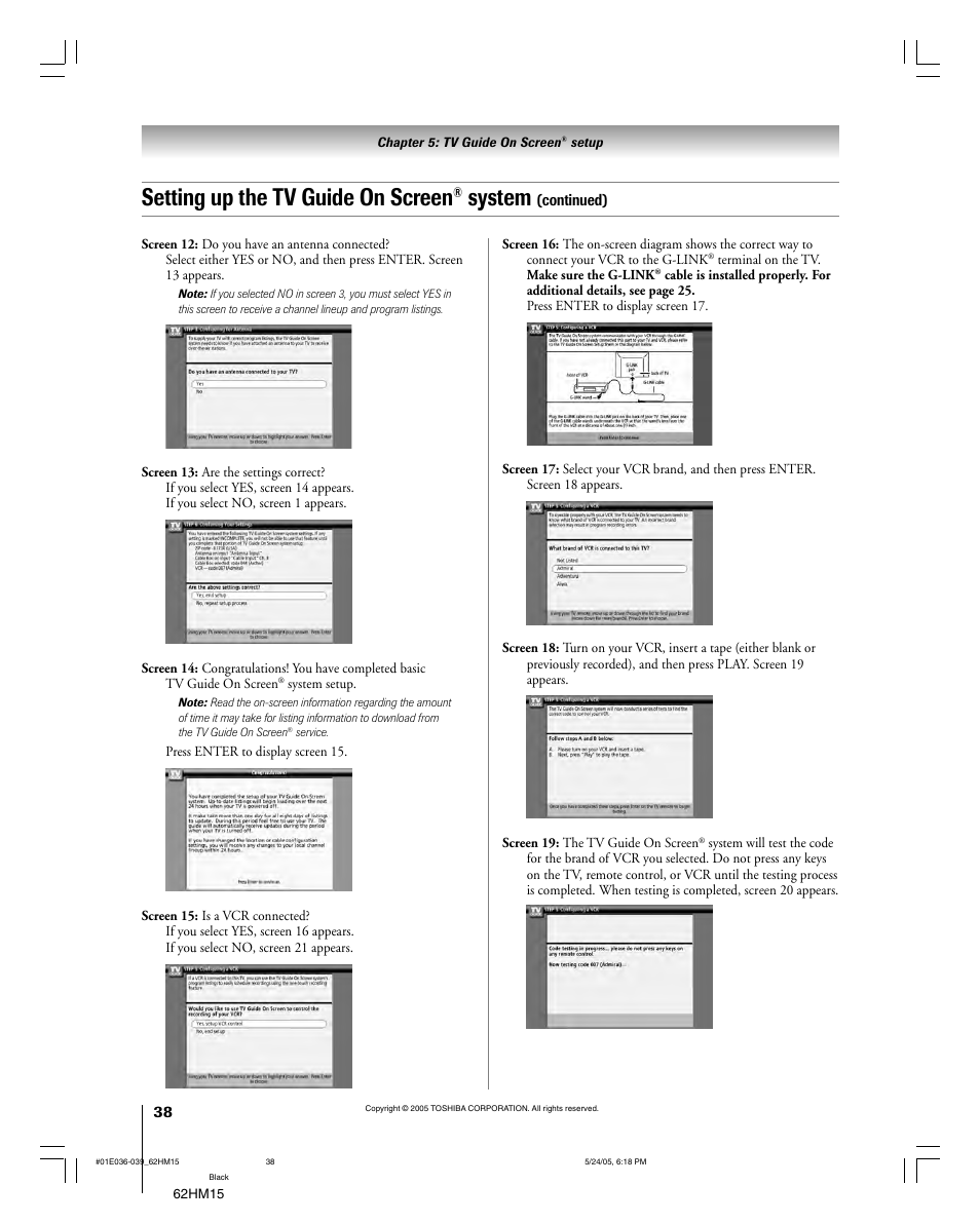 Setting up the tv guide on screen, System | Toshiba Integrated High Definition DLP 62HM15 User Manual | Page 38 / 108