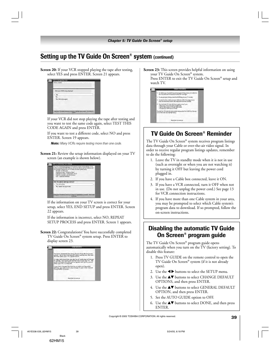 Setting up the tv guide on screen, System, Tv guide on screen | Reminder, Disabling the automatic tv guide on screen, Program guide | Toshiba Integrated High Definition DLP 62HM15 User Manual | Page 39 / 108