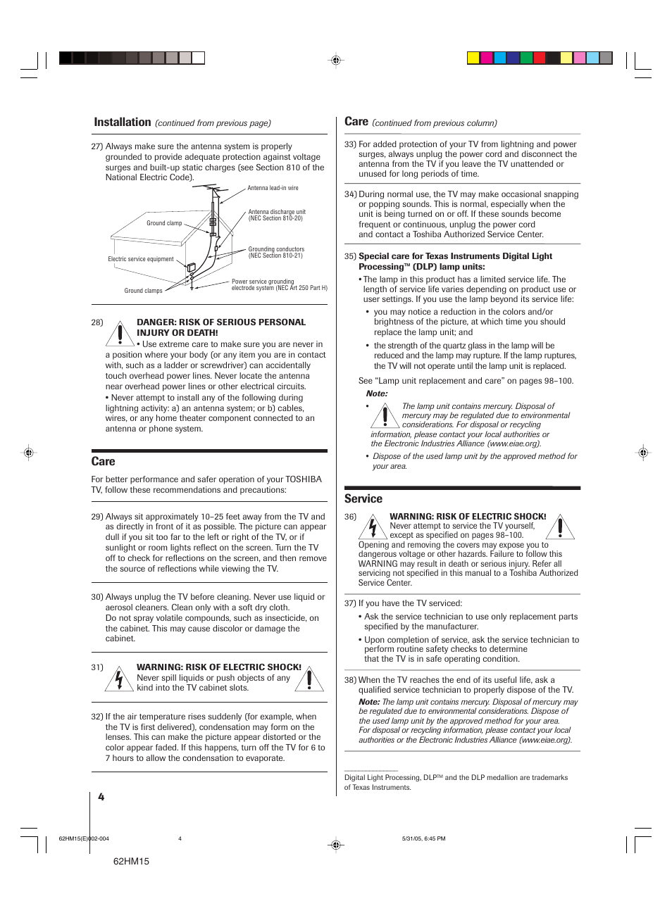 Installation, Care, Service | Toshiba Integrated High Definition DLP 62HM15 User Manual | Page 4 / 108