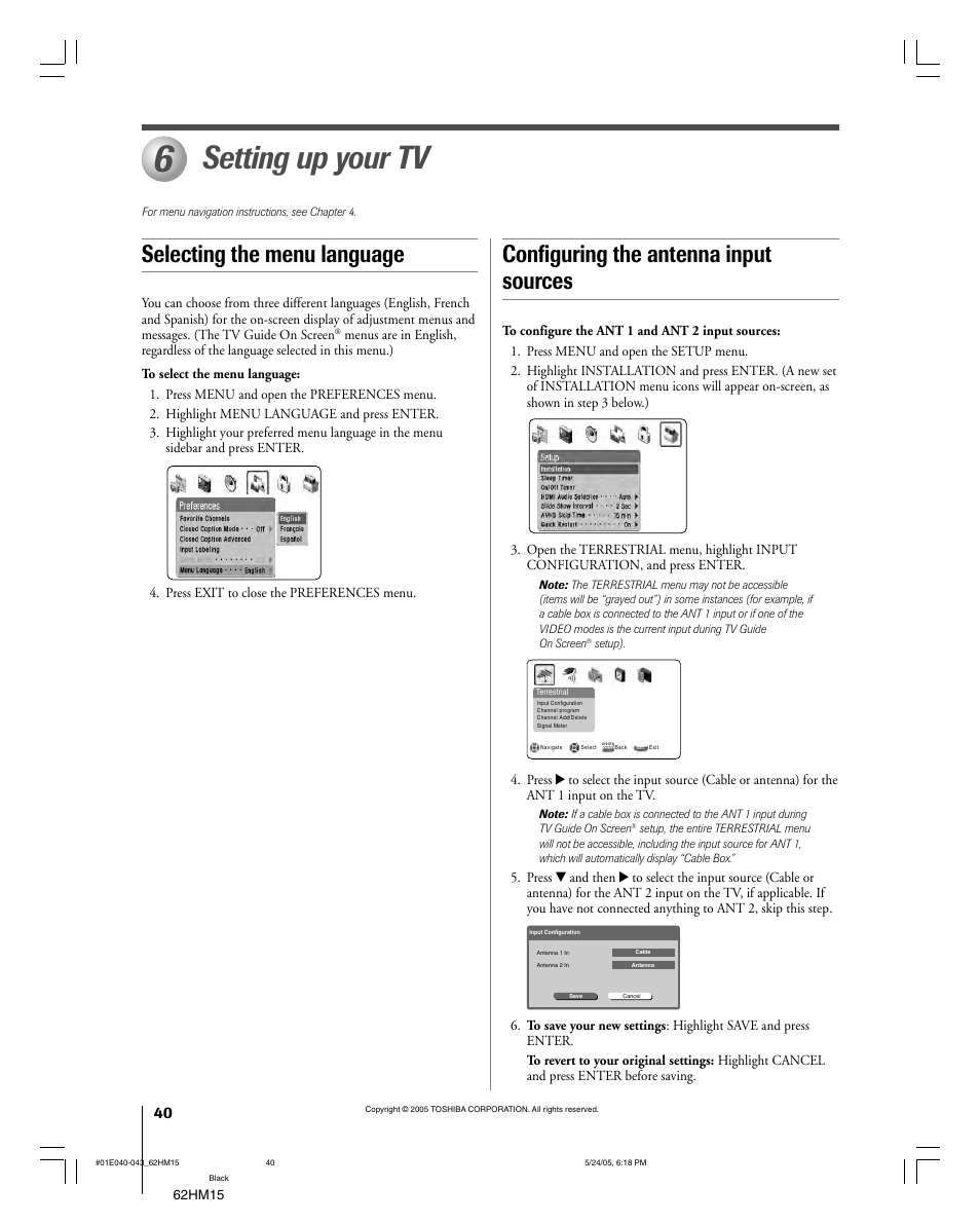 Setting up your tv, Selecting the menu language, Configuring the antenna input sources | Toshiba Integrated High Definition DLP 62HM15 User Manual | Page 40 / 108