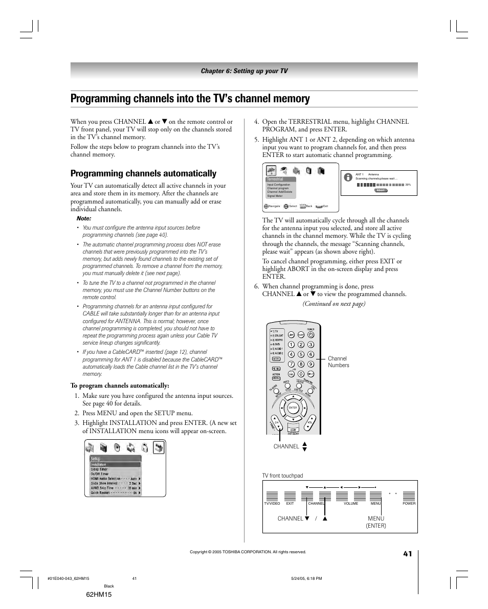 Programming channels automatically, 62hm15 | Toshiba Integrated High Definition DLP 62HM15 User Manual | Page 41 / 108