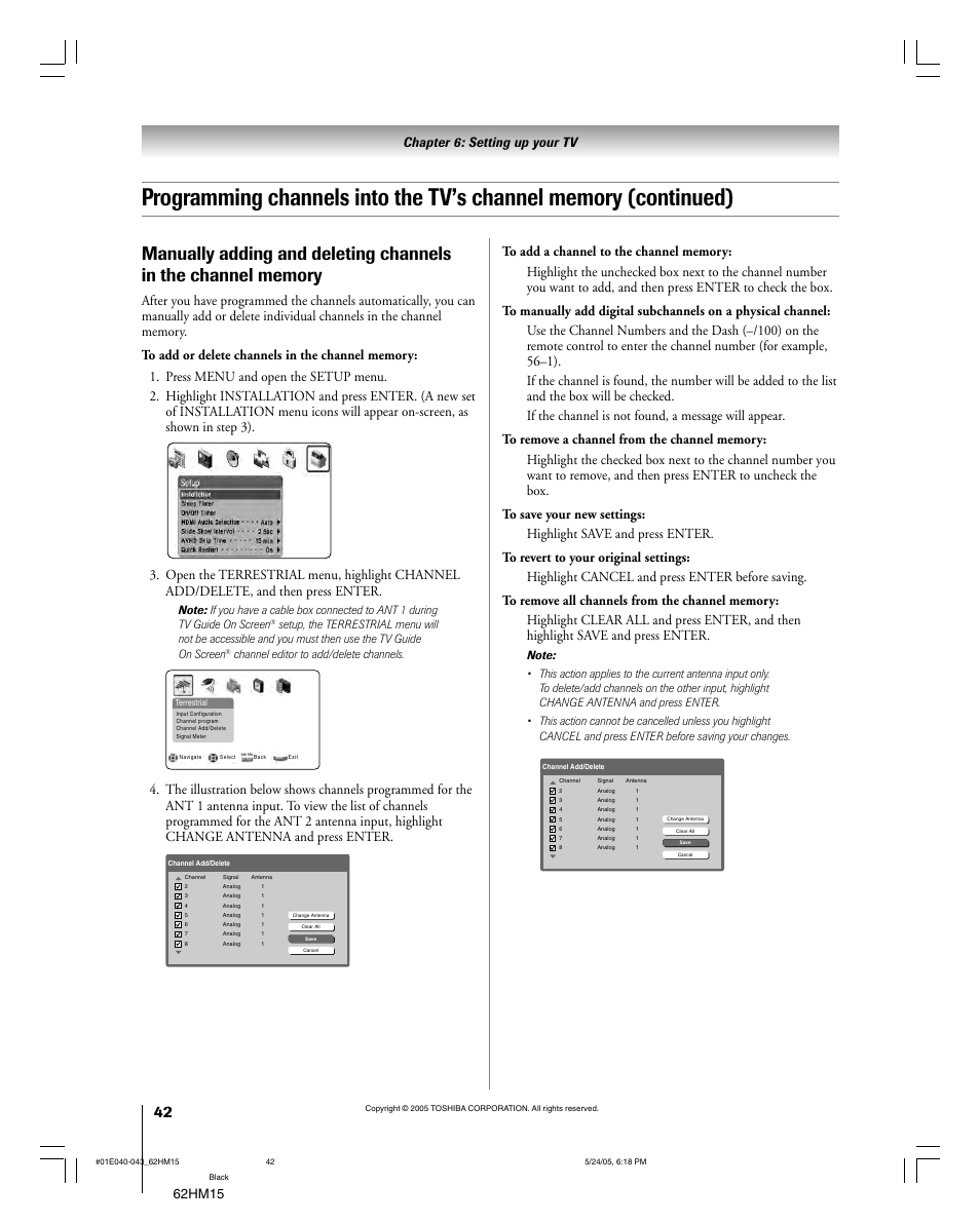 62hm15, Chapter 6: setting up your tv | Toshiba Integrated High Definition DLP 62HM15 User Manual | Page 42 / 108