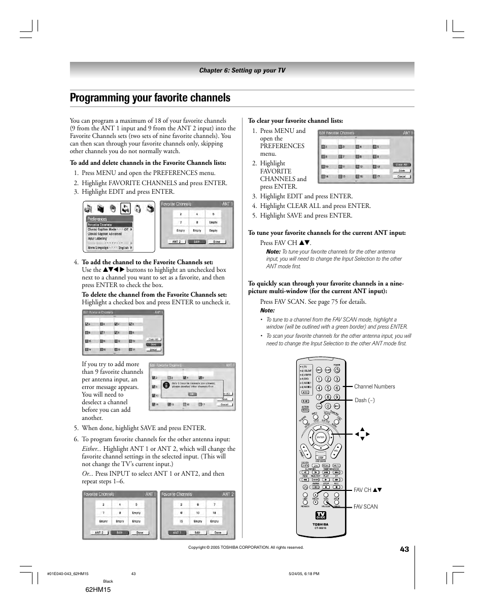 Programming your favorite channels | Toshiba Integrated High Definition DLP 62HM15 User Manual | Page 43 / 108