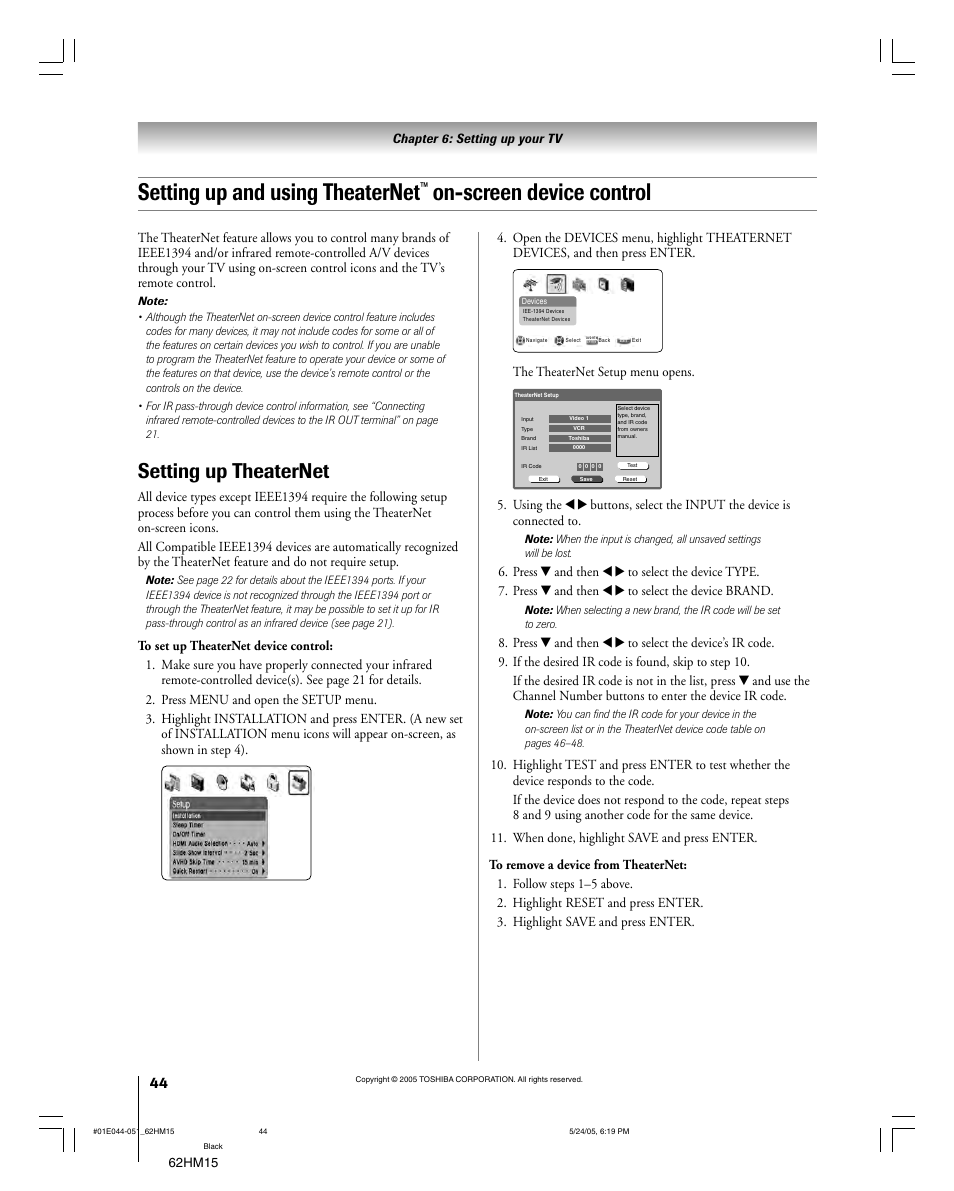 Setting up and using theaternet, On-screen device control, Setting up theaternet | Toshiba Integrated High Definition DLP 62HM15 User Manual | Page 44 / 108