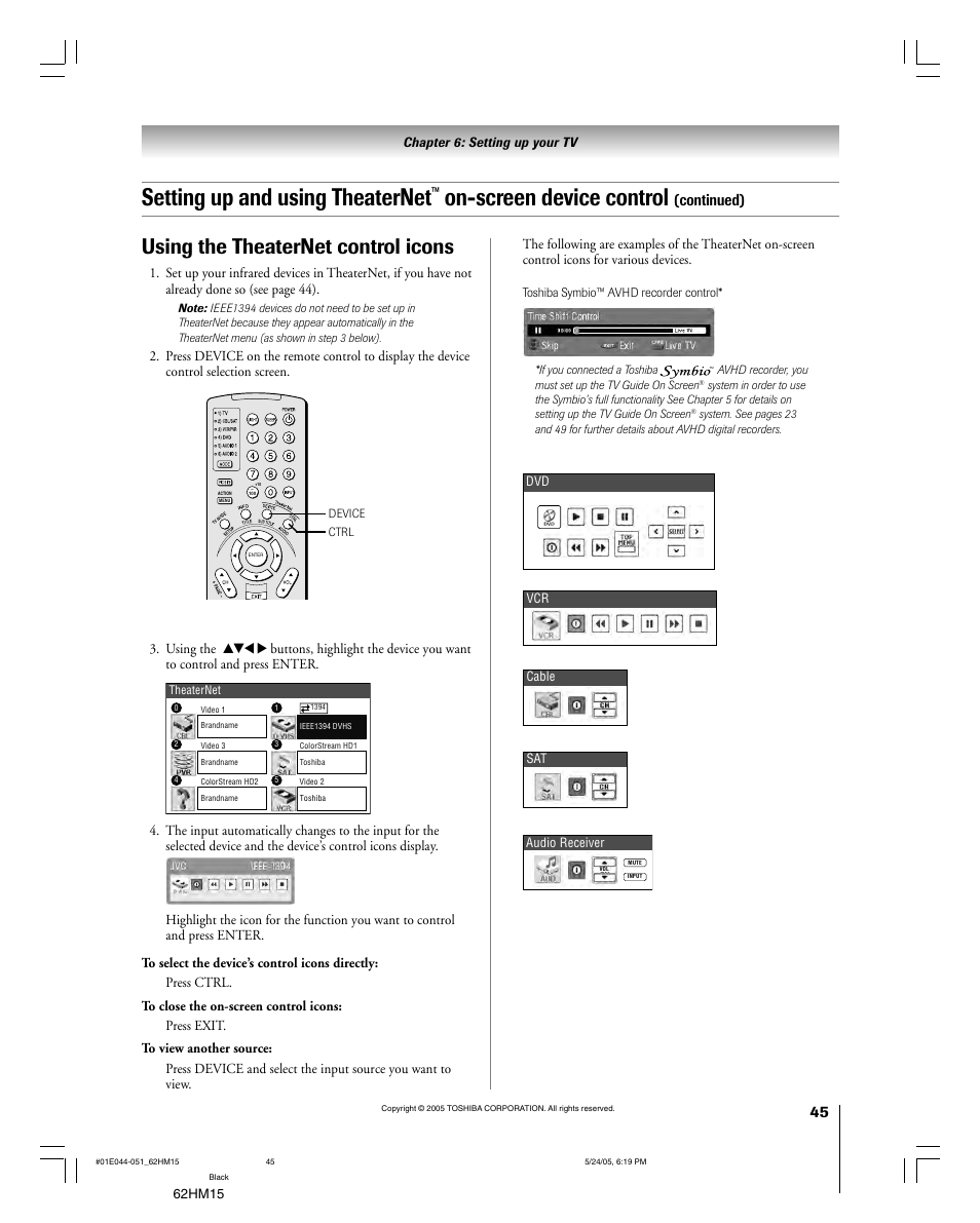 Setting up and using theaternet, On-screen device control, Using the theaternet control icons | Continued) | Toshiba Integrated High Definition DLP 62HM15 User Manual | Page 45 / 108