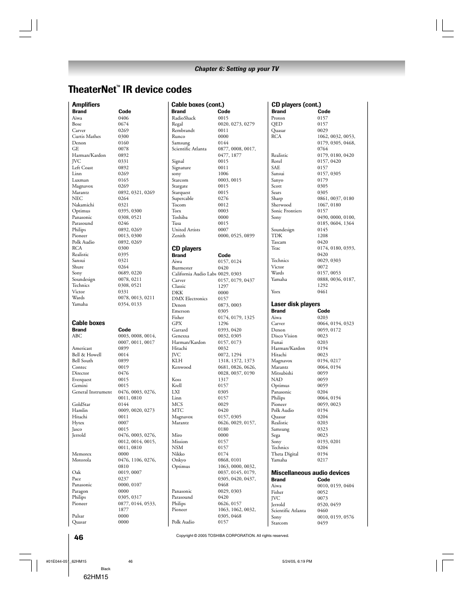 Theaternet, Ir device codes | Toshiba Integrated High Definition DLP 62HM15 User Manual | Page 46 / 108