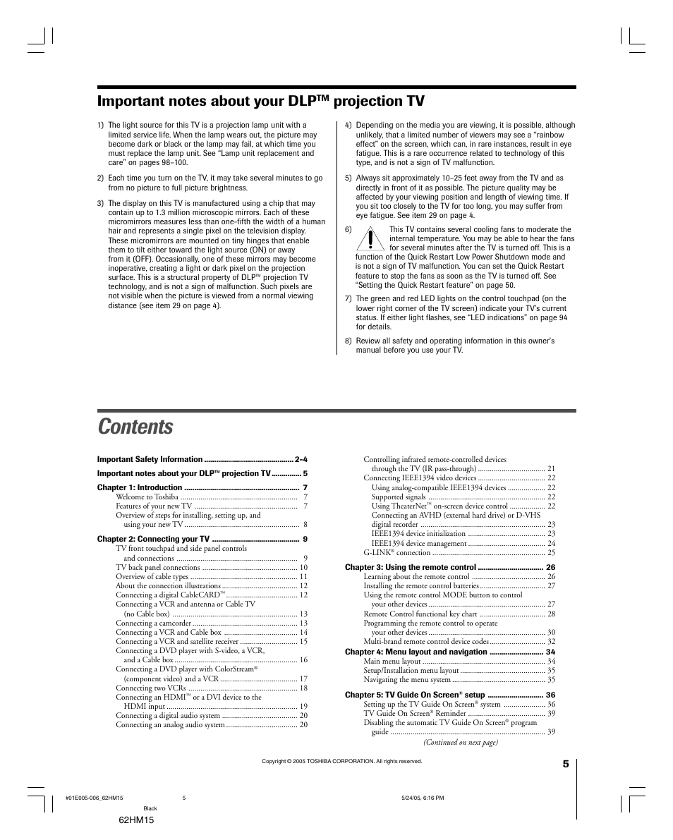 Toshiba Integrated High Definition DLP 62HM15 User Manual | Page 5 / 108