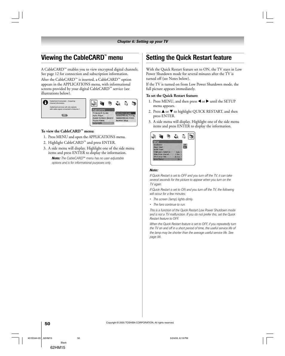 Viewing the cablecard, Menu, Setting the quick restart feature | Toshiba Integrated High Definition DLP 62HM15 User Manual | Page 50 / 108