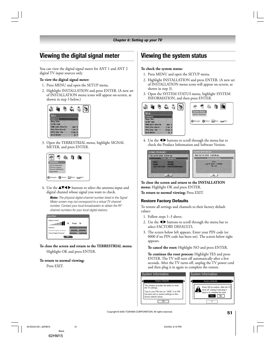 Restore factory defaults, 62hm15 | Toshiba Integrated High Definition DLP 62HM15 User Manual | Page 51 / 108