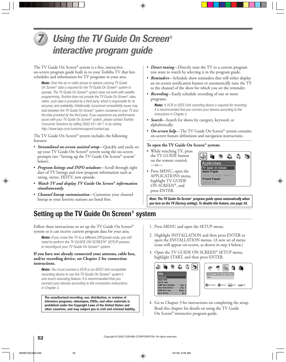 Using the tv guide on screen, Interactive program guide, Setting up the tv guide on screen | System | Toshiba Integrated High Definition DLP 62HM15 User Manual | Page 52 / 108