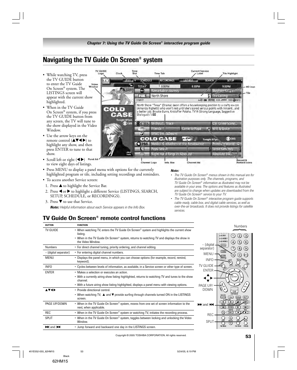 Navigating the tv guide on screen, System, Tv guide on screen | Remote control functions | Toshiba Integrated High Definition DLP 62HM15 User Manual | Page 53 / 108