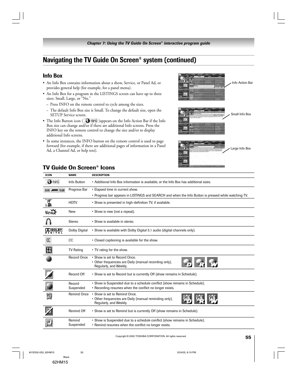 Navigating the tv guide on screen, System (continued), Tv guide on screen | Icons, Info box | Toshiba Integrated High Definition DLP 62HM15 User Manual | Page 55 / 108