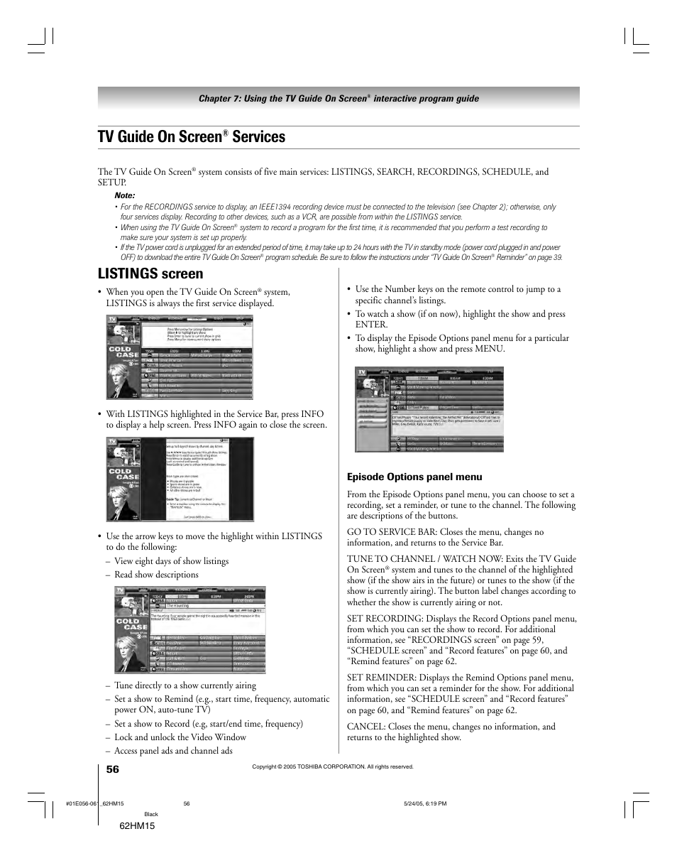 Tv guide on screen, Services, Listings screen | Toshiba Integrated High Definition DLP 62HM15 User Manual | Page 56 / 108