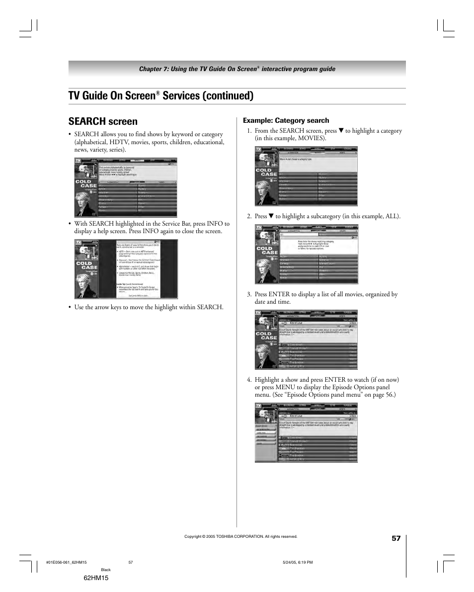 Tv guide on screen, Services (continued), Search screen | Toshiba Integrated High Definition DLP 62HM15 User Manual | Page 57 / 108