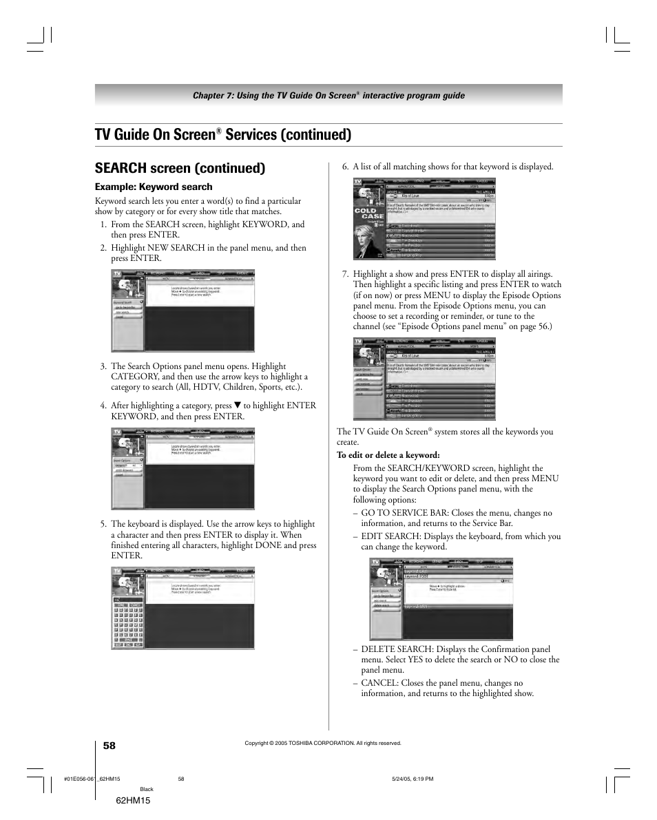 Tv guide on screen, Services (continued), Search screen (continued) | Toshiba Integrated High Definition DLP 62HM15 User Manual | Page 58 / 108