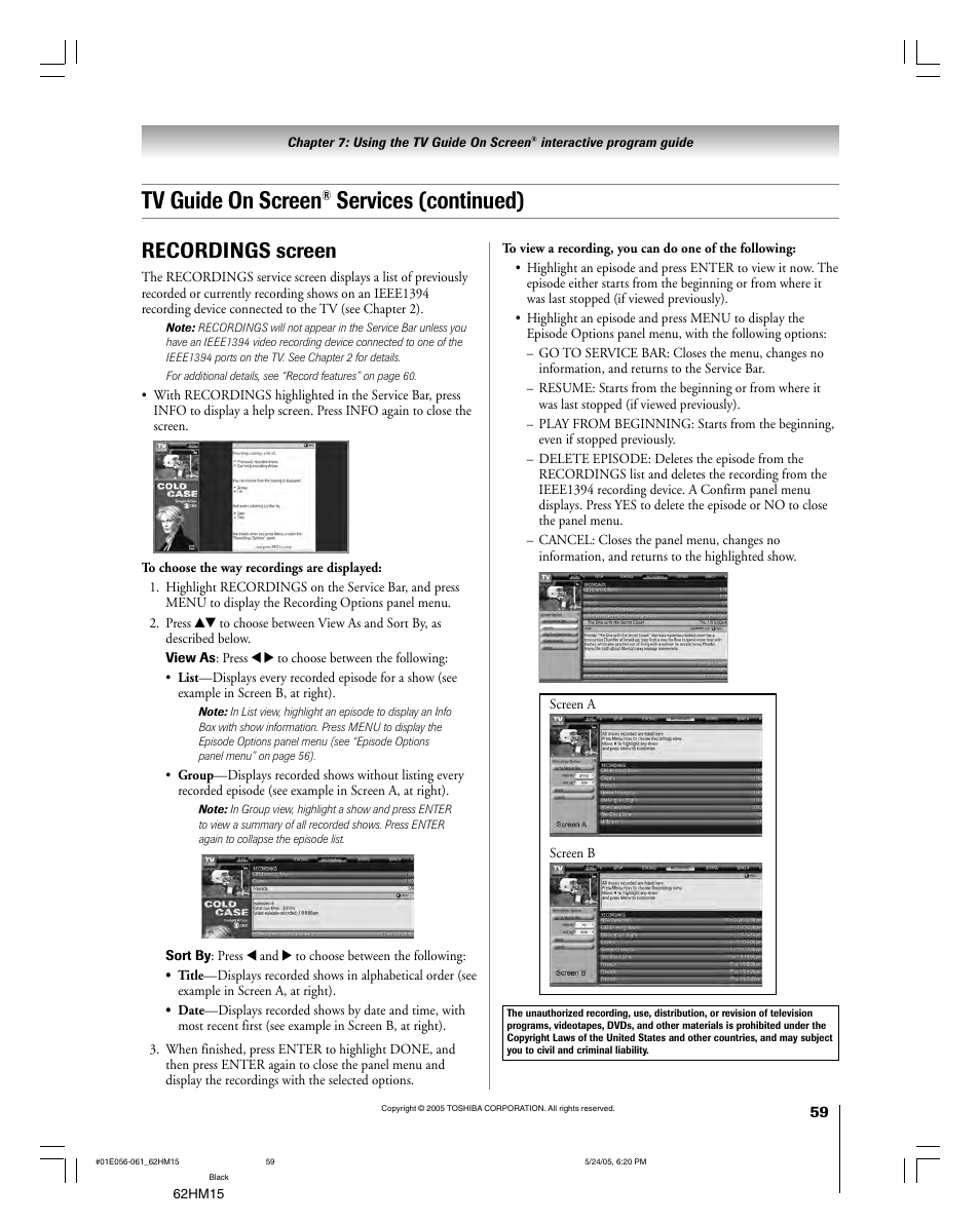 Tv guide on screen, Services (continued), Recordings screen | Toshiba Integrated High Definition DLP 62HM15 User Manual | Page 59 / 108