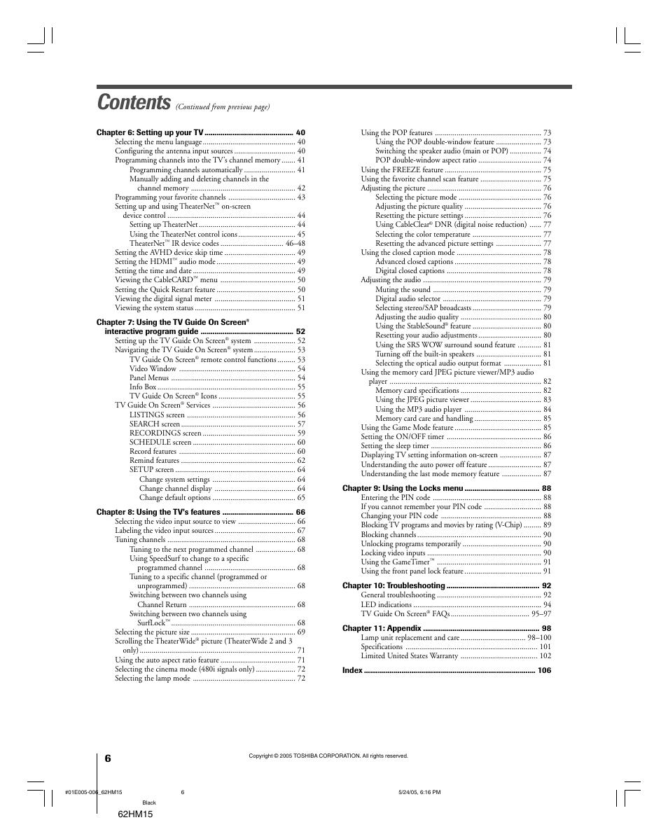 Toshiba Integrated High Definition DLP 62HM15 User Manual | Page 6 / 108