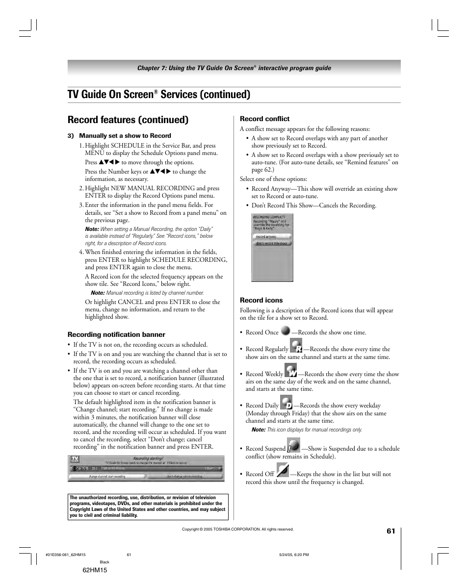 Tv guide on screen, Services (continued), Record features (continued) | Toshiba Integrated High Definition DLP 62HM15 User Manual | Page 61 / 108