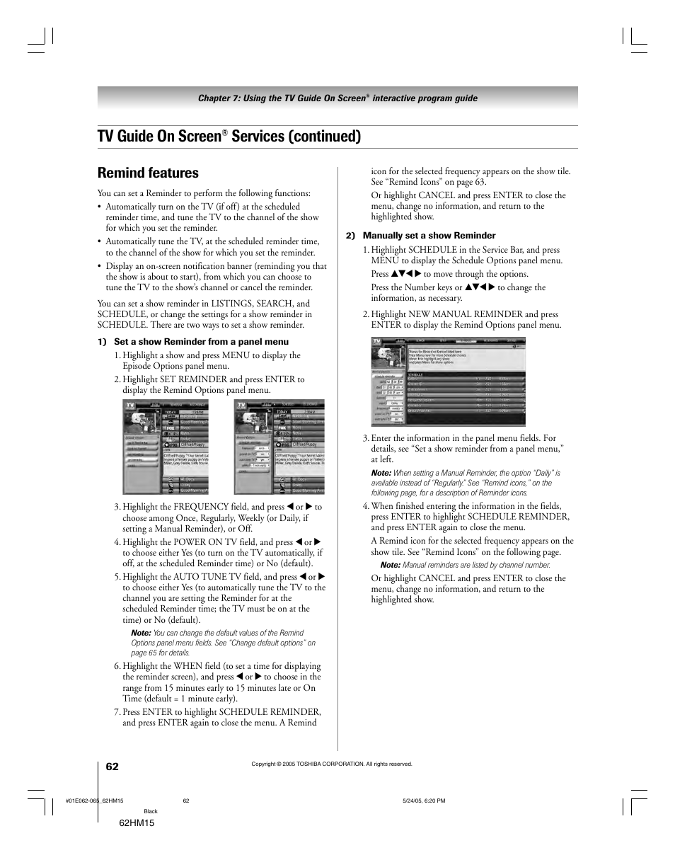 Tv guide on screen, Services (continued), Remind features | Toshiba Integrated High Definition DLP 62HM15 User Manual | Page 62 / 108