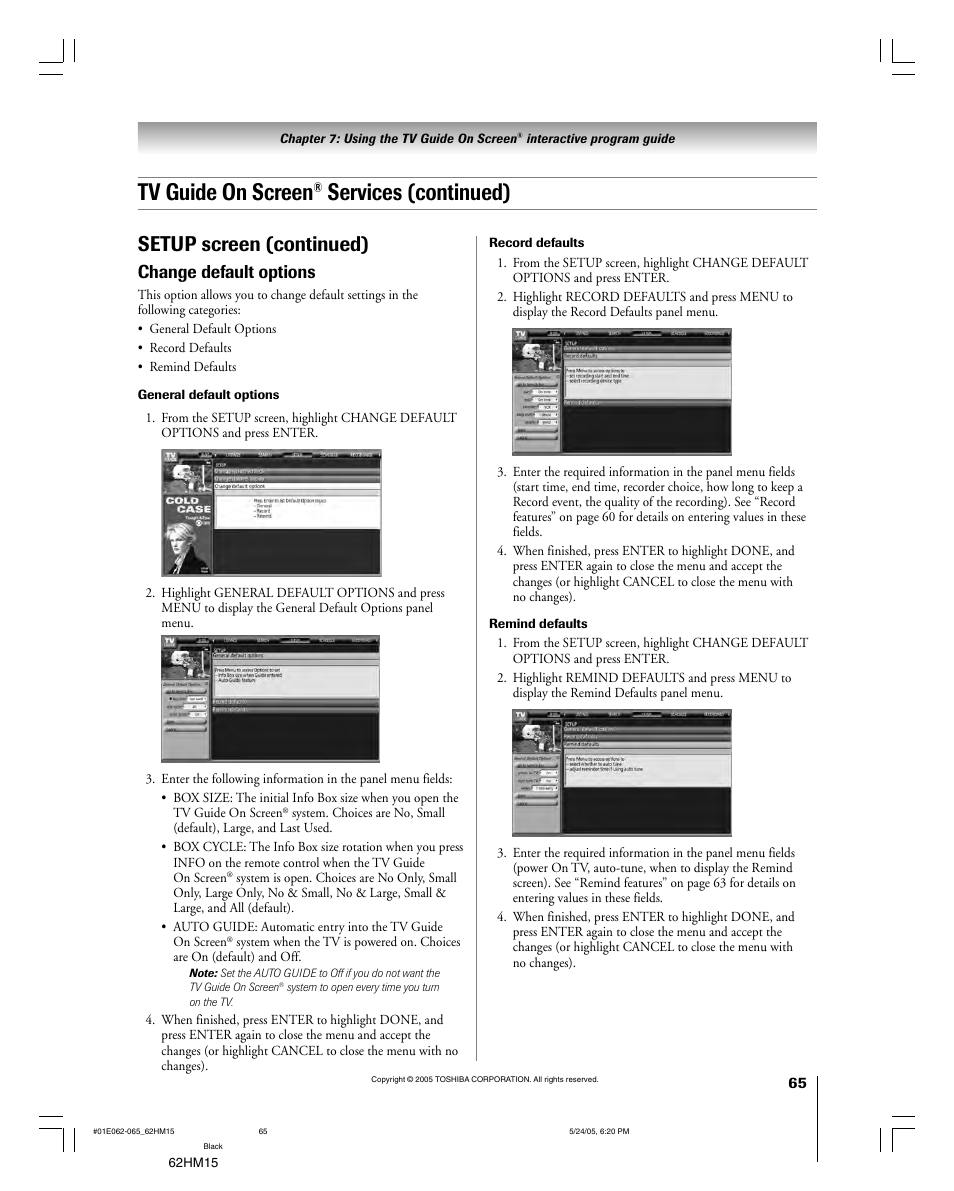 Tv guide on screen, Services (continued), Setup screen (continued) | Change default options | Toshiba Integrated High Definition DLP 62HM15 User Manual | Page 65 / 108