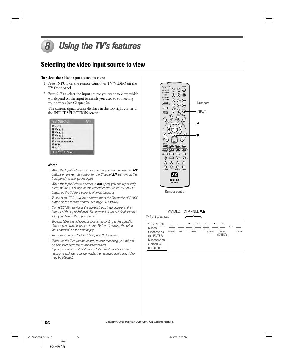 Using the tv’s features, Selecting the video input source to view | Toshiba Integrated High Definition DLP 62HM15 User Manual | Page 66 / 108