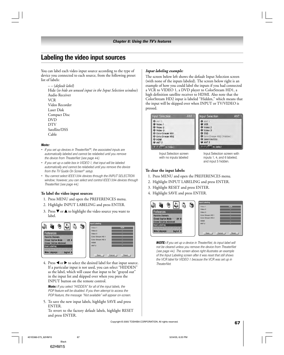 Labeling the video input sources, 62hm15 | Toshiba Integrated High Definition DLP 62HM15 User Manual | Page 67 / 108