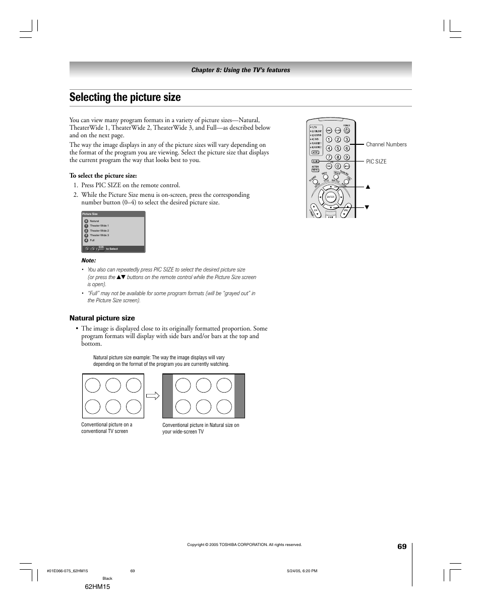 Selecting the picture size, Natural picture size, 62hm15 | Chapter 8: using the tv’s features | Toshiba Integrated High Definition DLP 62HM15 User Manual | Page 69 / 108