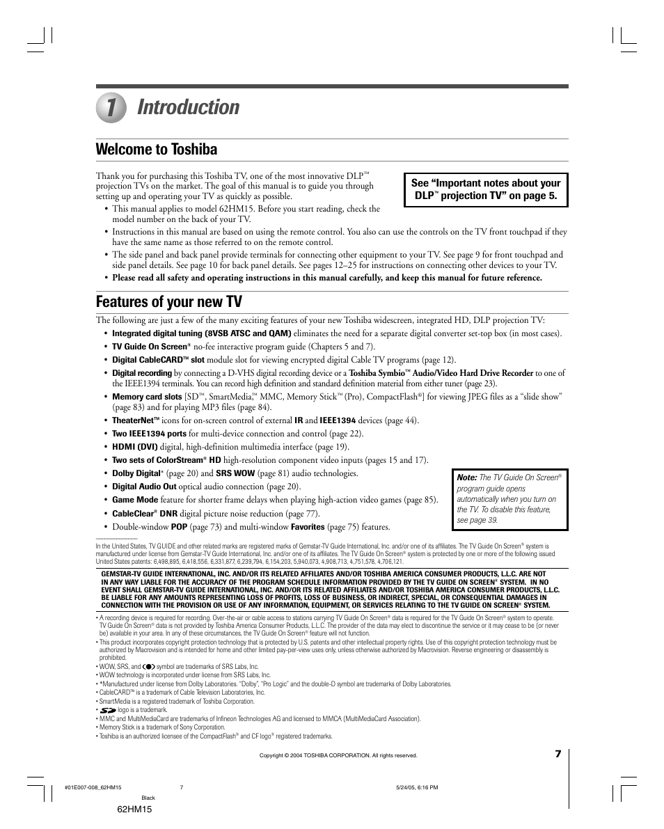 Introduction, Welcome to toshiba features of your new tv, Projection tv” on page 5 | Toshiba Integrated High Definition DLP 62HM15 User Manual | Page 7 / 108