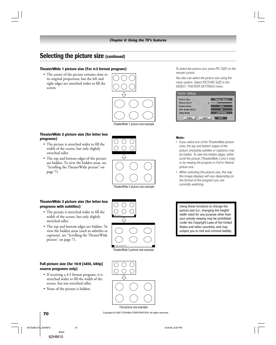 Selecting the picture size, Continued) | Toshiba Integrated High Definition DLP 62HM15 User Manual | Page 70 / 108