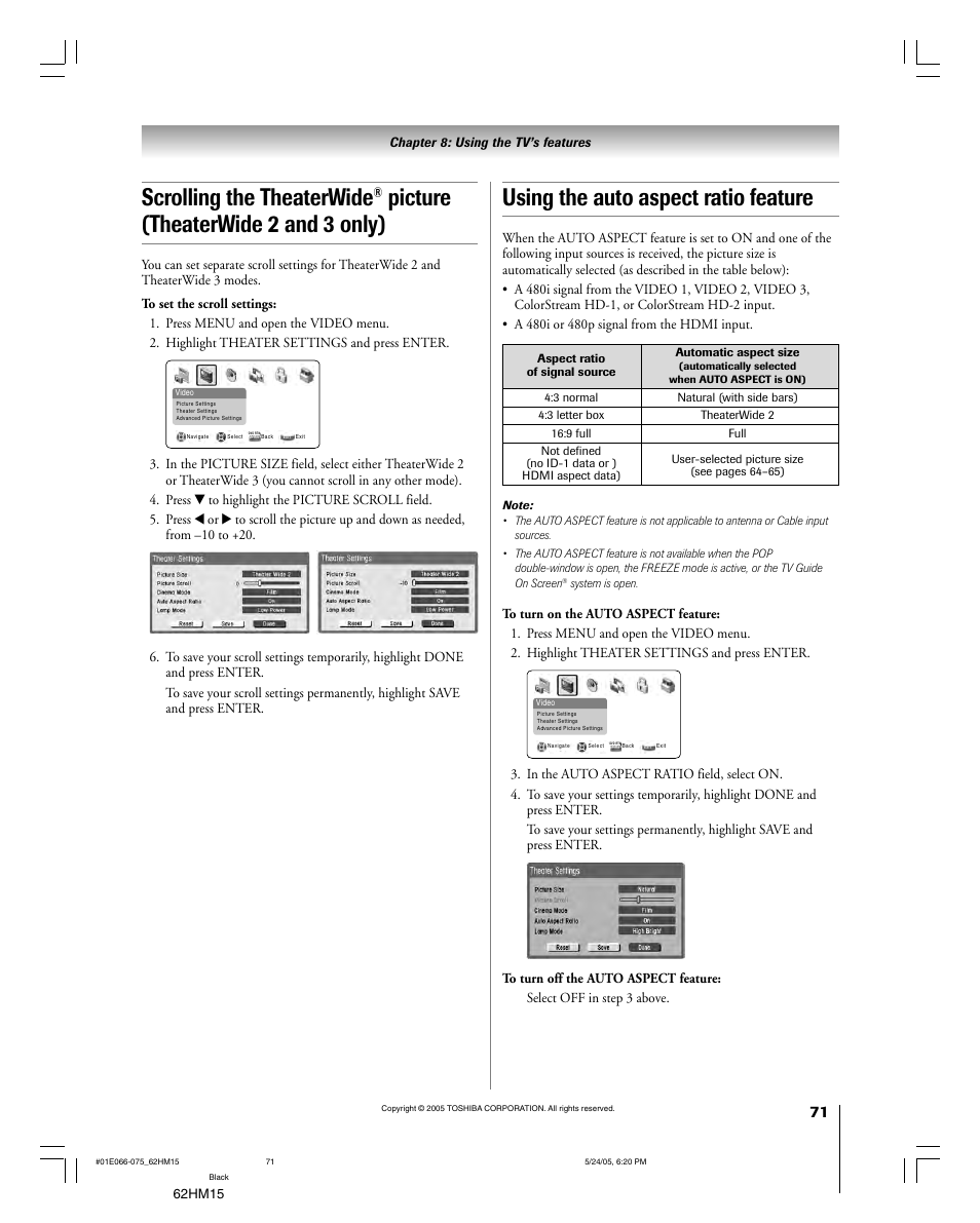 Using the auto aspect ratio feature, Scrolling the theaterwide, Picture (theaterwide 2 and 3 only) | Toshiba Integrated High Definition DLP 62HM15 User Manual | Page 71 / 108