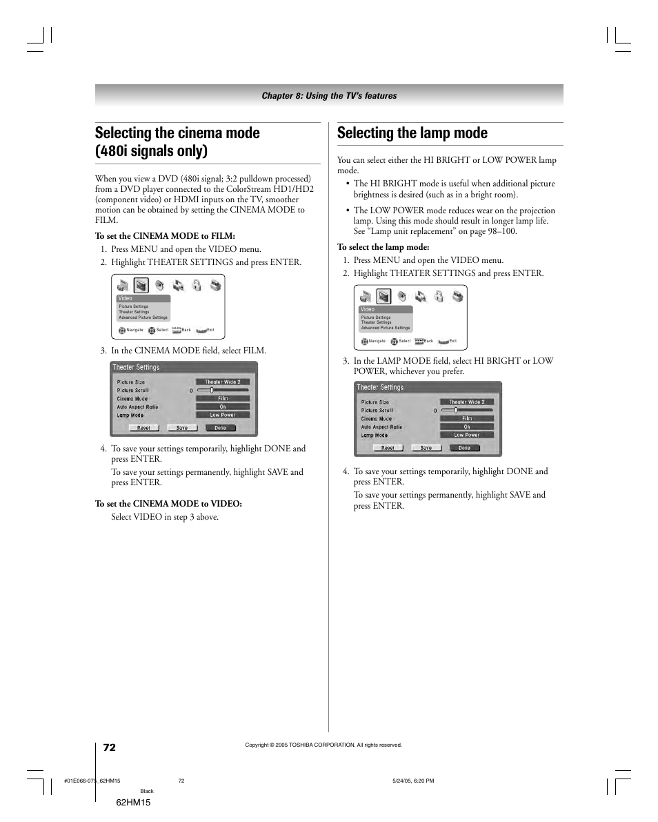 Selecting the lamp mode, Selecting the cinema mode (480i signals only) | Toshiba Integrated High Definition DLP 62HM15 User Manual | Page 72 / 108