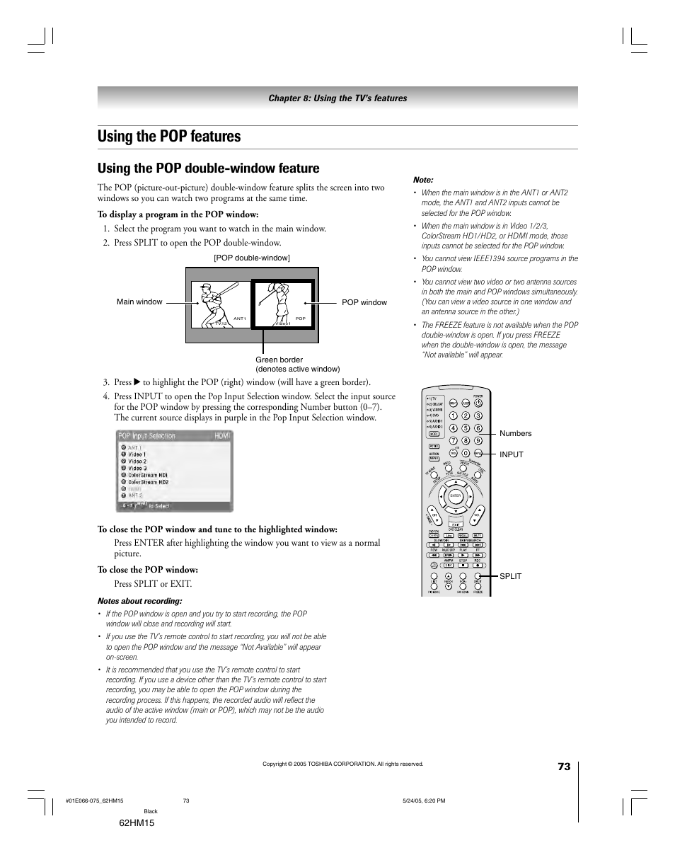 Using the pop features, Using the pop double-window feature | Toshiba Integrated High Definition DLP 62HM15 User Manual | Page 73 / 108