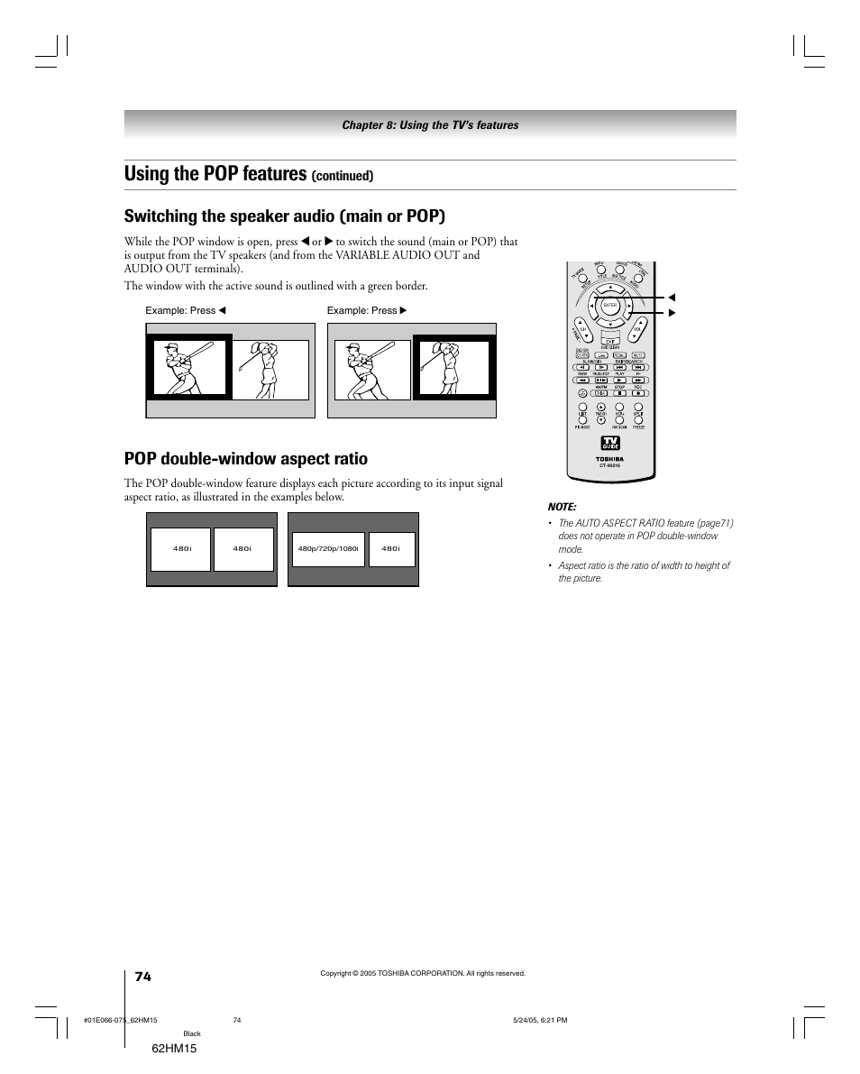 Using the pop features, Pop double-window aspect ratio, Switching the speaker audio (main or pop) | Continued) | Toshiba Integrated High Definition DLP 62HM15 User Manual | Page 74 / 108